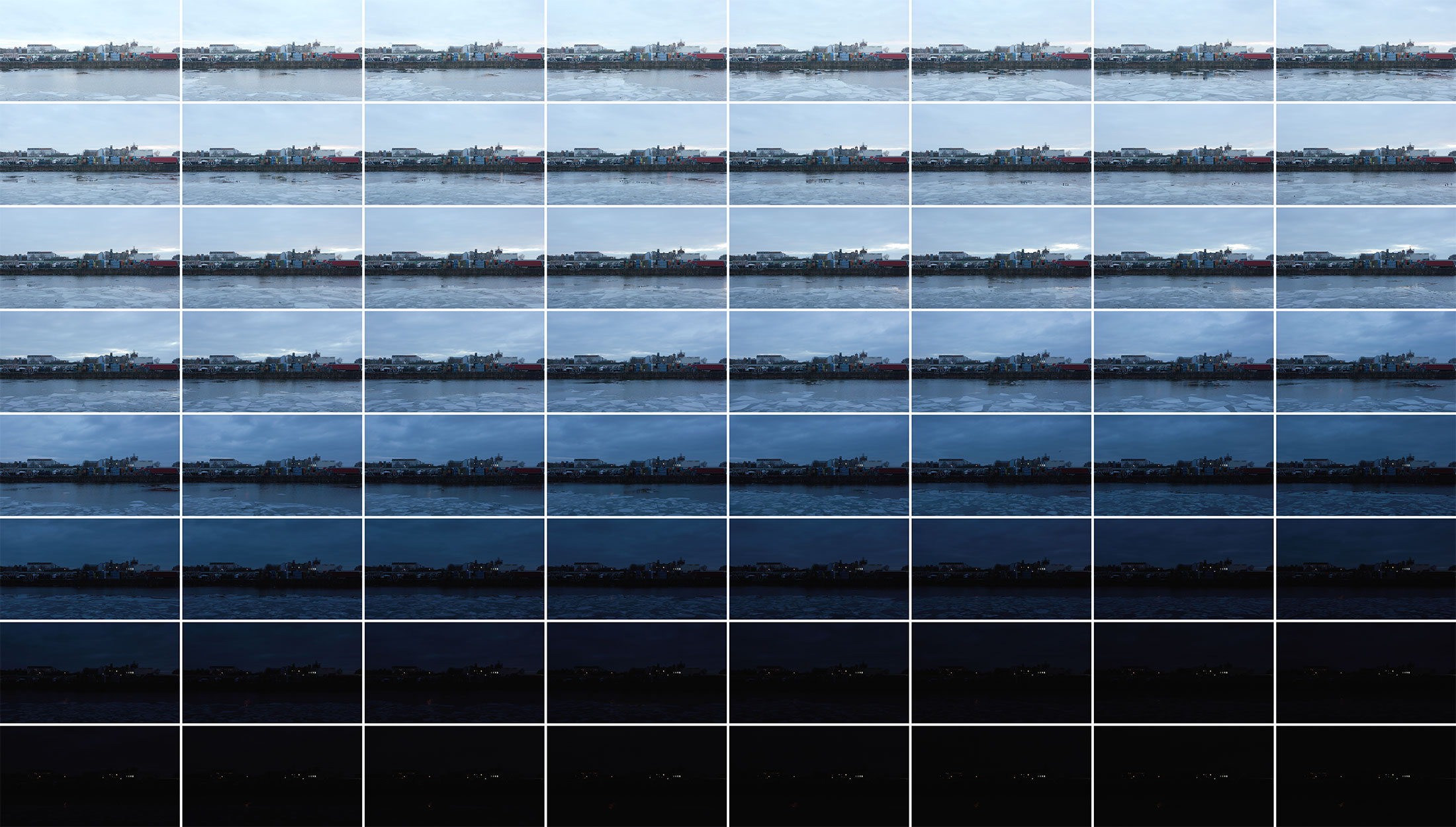 Ice (grid of video stills, 2021 iteration, views from north facing south)